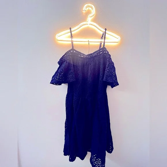 New Boho Navy Blue Floral Lace Cold Shoulder Dress Spring Summer Cute Vacation - Picture 1 of 12